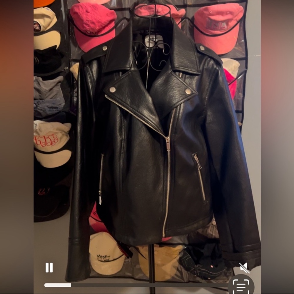 Old Navy Black Leather Motorcycle Jacket Asymmetrical Design